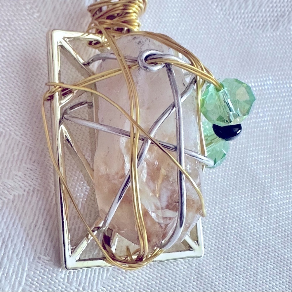 Collage Pendant GOLDEN HEALING QUARTZ necklace 24’ Wire Wrapped Necklace 4360 P